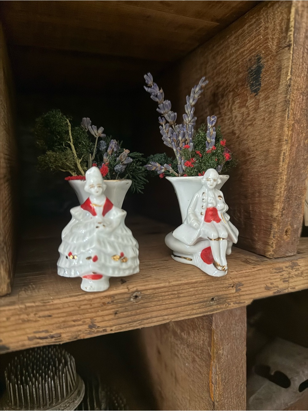 Vintage Colonial Couple Figurine Bud Vases - White Red & Gold Accents Miniatures